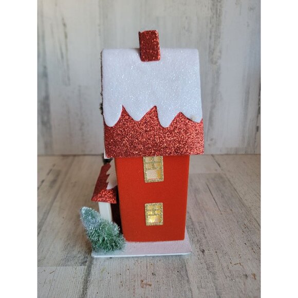 Red Xmas glitter house snow pine tree table top home decor light up - Picture 6 of 7